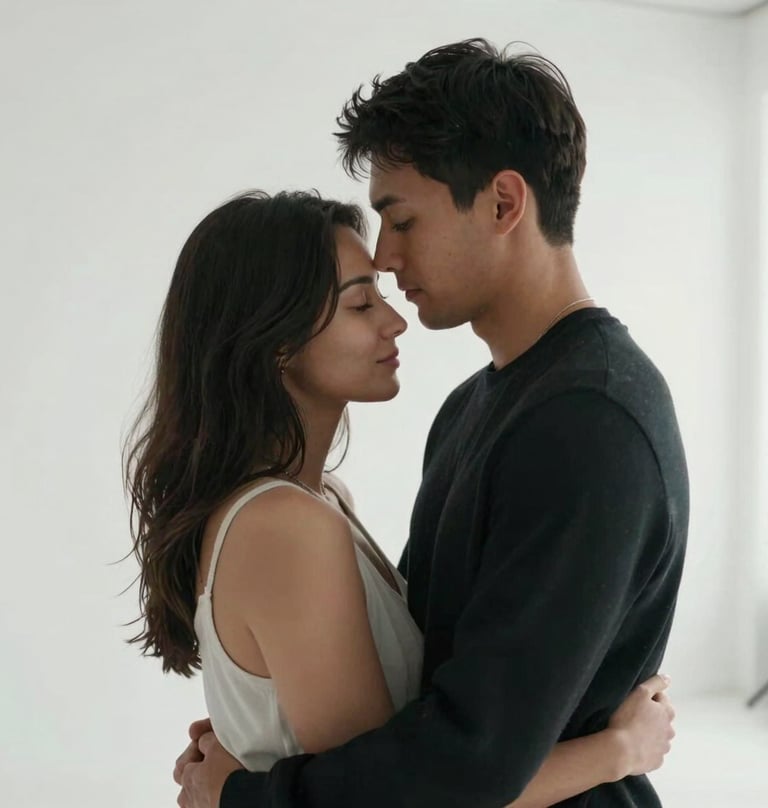 A high-end portrait of a couple embracing in a minimalist studio setting, clean white walls, professional lighting emphasizing texture and soft emotion, North American style.