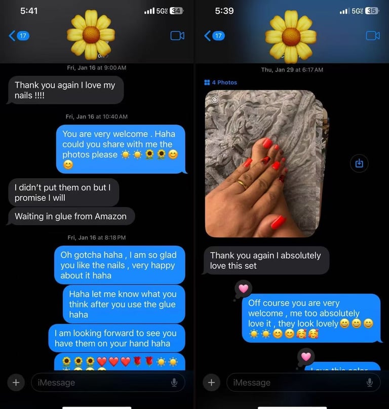 Customer review showing red color sets of SharpTalons press-on nails and positive feedback