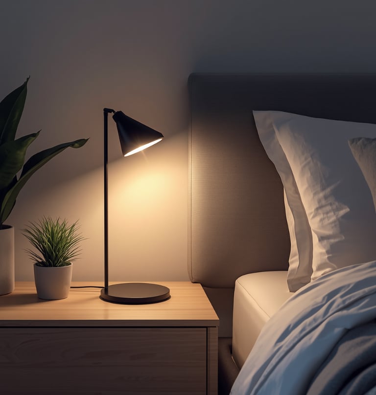 Minimalist bedside table setup with black metal lamp and green indoor plant, perfect cozy corner.