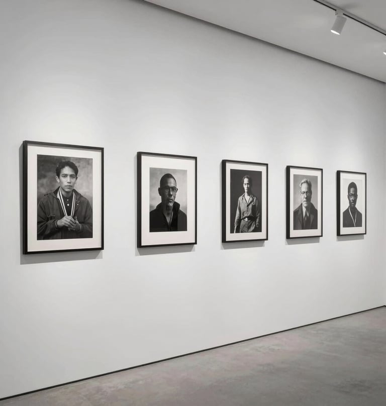 An art installation view in a minimalist French gallery with white smoke walls. Several framed monochrome works are arranged with precision, creating a sense of quiet and deep reflection in a modern, clean space.