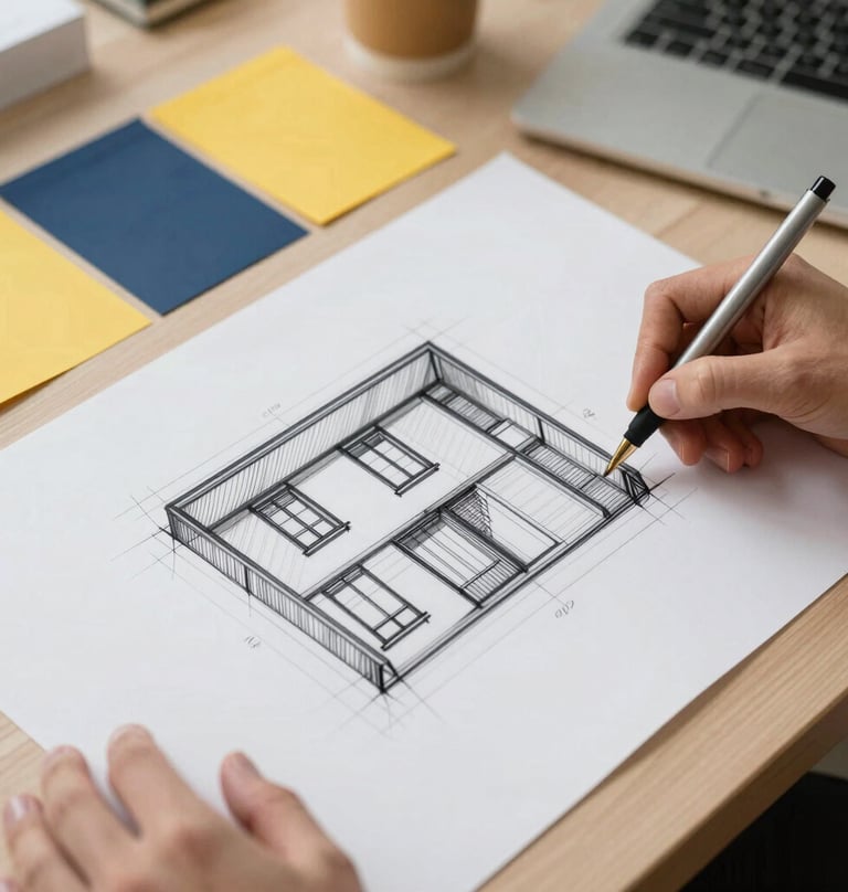 An architectural sketch and color palette swatches of yellow and dark blue on a professional drafting table. The lighting is crisp and even, highlighting the meticulous detail of a designer's process and a commitment to innovation and aesthetic quality.