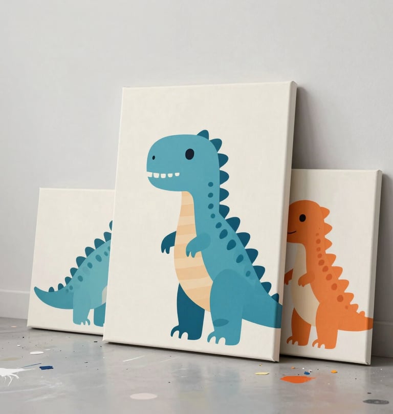 A stylish studio shot showing several Dino-Pop canvases leaning against a wall. The paintings feature colorful dinosaurs in #D87D51 and #1F3A4B. The setting is bright and artistic with paint splatters on the floor.