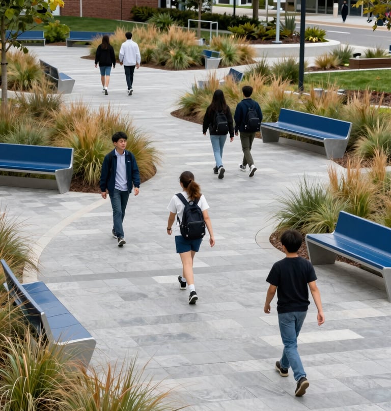 A wide-angle professional photograph of a revitalized outdoor plaza at a North American / US college. Students are walking on clean silver grey stone paths surrounded by native grasses and modern steel blue benches. The lighting is crisp and inviting.