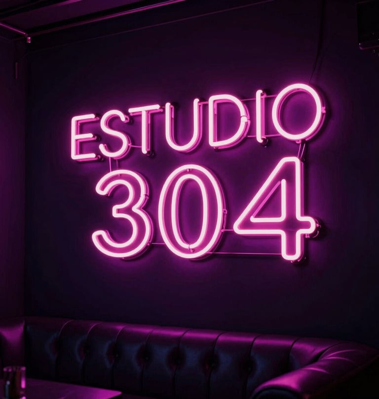 Beautiful modern dark interior of a club or studio with a glowing pink neon sign that reads "ESTUDIO 304" in stylized neon lights, Latin American / Global styled luxury lounge background, electrifying neon violet shadows, cinematic depth of field.