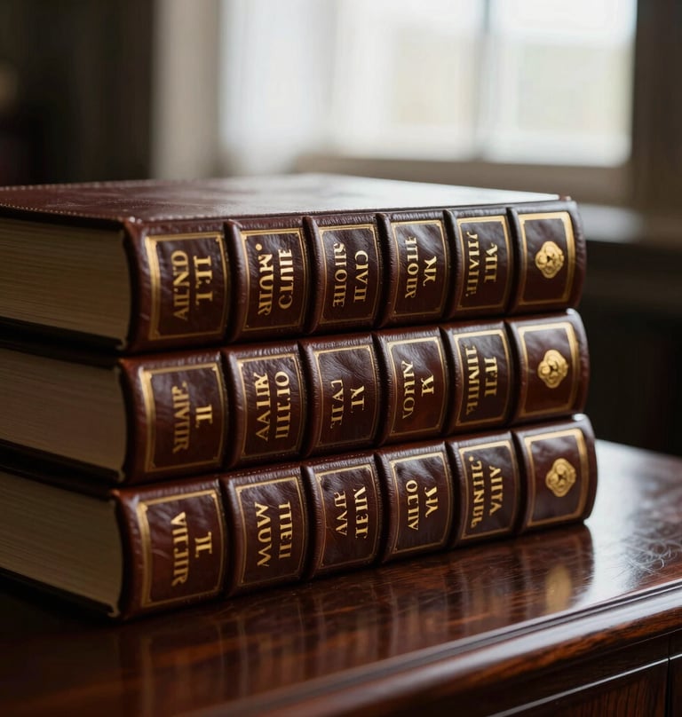 Close-up of leather-bound legal volumes stacked on a dark mahogany desk, soft window light highlighting gold foil lettering, high contrast
