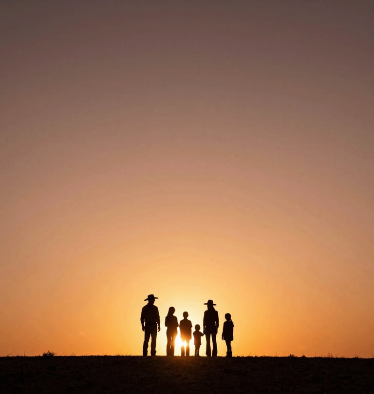 A wide, cinematic landscape shot of a Western / Global family silhouette against a sun-drenched sunset. The sky is a deep Terracotta and Soft Sand gradient. The mood is nostalgic, premium, and timeless.