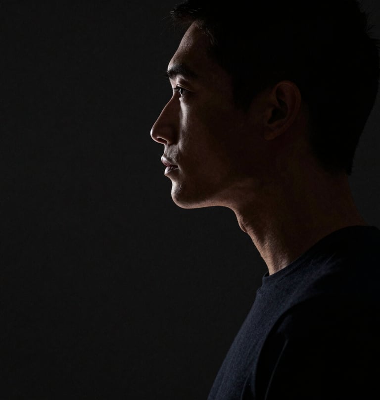 A profile view photograph of a person in a minimalist studio. Only the edges of the face and torso are caught in a thin sliver of off-white light, with the rest of the frame immersed in dark black negative space. North American / US.