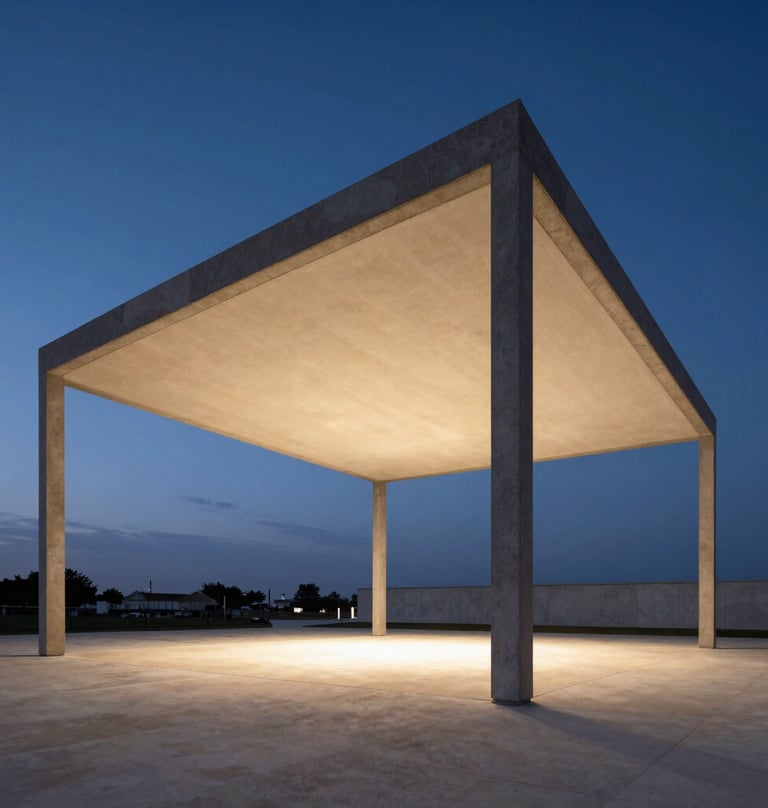Architectural photography of a modern pavilion at dusk in Portugal. Warm off-white light glowing from inside charcoal structural frames against a deep slate blue sky.