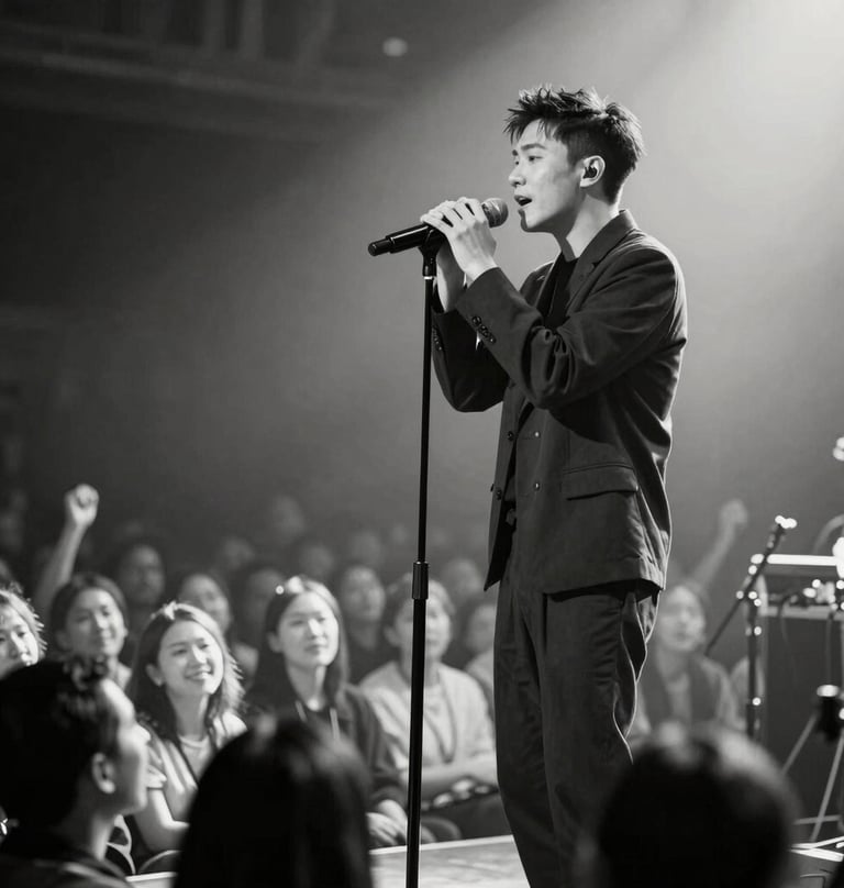 A black and white style photograph using dark charcoal and off-white tones, showing a vocalist connecting with an audience from a stage. The composition is dynamic and elegant, capturing the energy of a live performance and professional success.