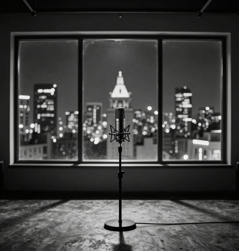 Atmospheric black and white shot of a dimly lit studio. A large window shows a blurred Mexican city skyline at night. The interior is empty except for a single professional microphone on a stand. Silent and thoughtful mood.