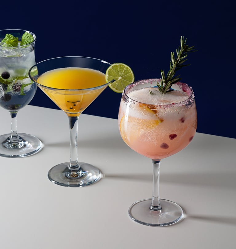 Product photography - a couple of drinks in glasses on a table