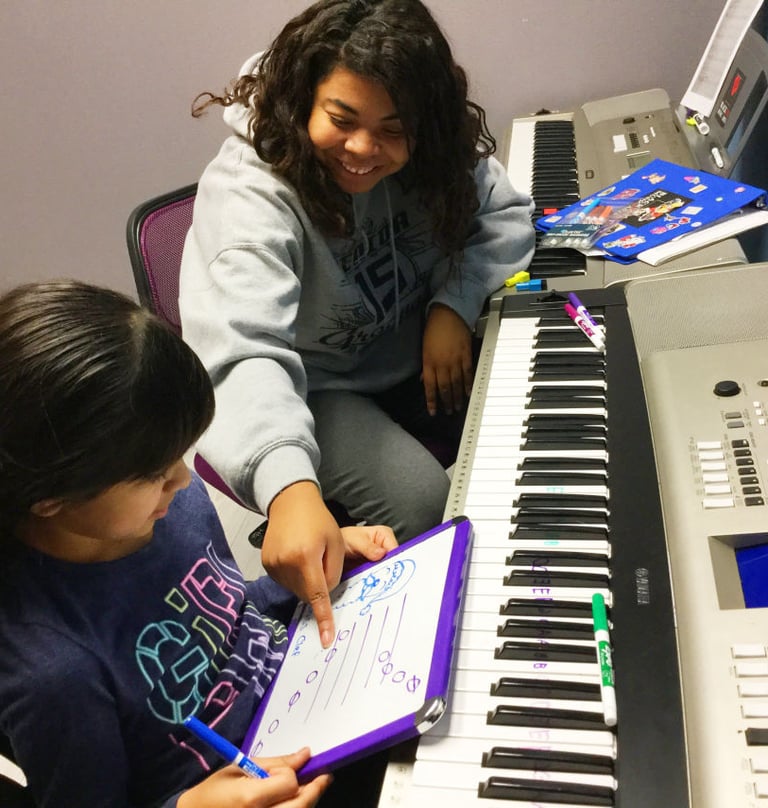a smiling woman sitting at a piano with a young girl