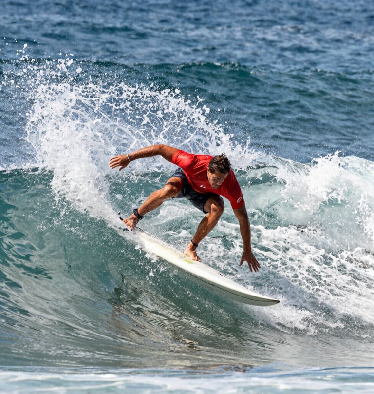 A high-speed action shot of a professional surfer on a wave, crisp details, frozen motion, bright natural daylight, North American coast, vibrant yet professional photography style.