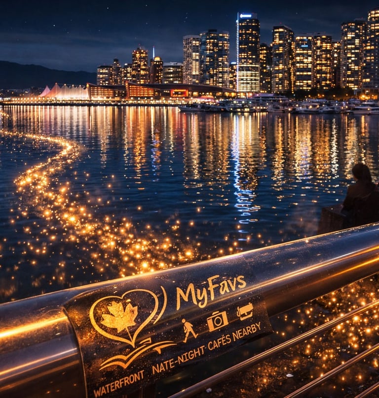 Coal Harbour Vancouver skyline at night reflected in calm water with MyFavs golden discovery trail