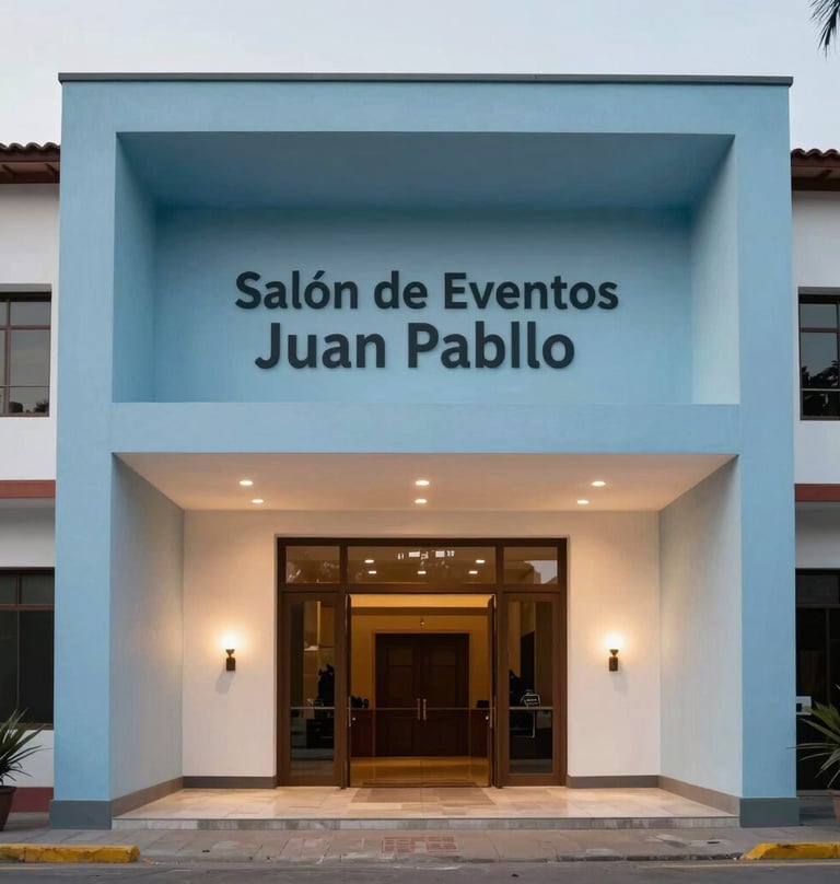 An architectural photograph of the entrance to Salón de Eventos Juan Pablo in Palmira, South American / Colombian region. Modern and minimalist facade decorated with soft sky blue accents and elegant lighting.