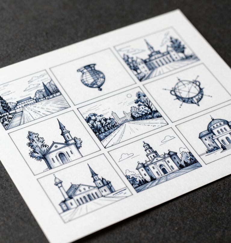 A hand-drawn storyboard laid out on a dark textured surface. The sketches are precise and artistic, with #86A3B8 pen marks on #F8F8F8 paper. Understated luxury style.
