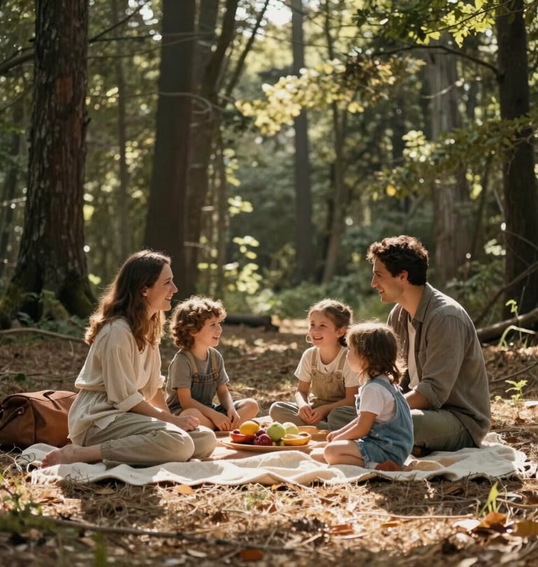 A family picnic scene in a North American / General Western forest clearing. Warm blankets in soft sand colors, cinematic composition, sunbeams filtering through the trees, and genuine laughter.
