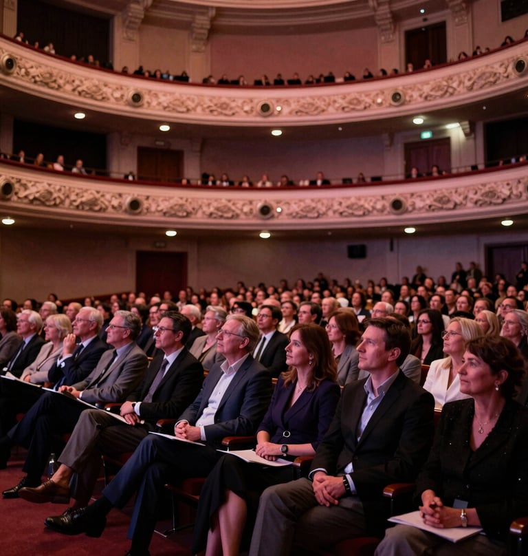 A wide-angle shot of a sophisticated audience sitting in a grand North American / US theater, their silhouettes visible against the warm, rose-tinted glow of the stage lights. The atmosphere is quiet, respectful, and attentive.