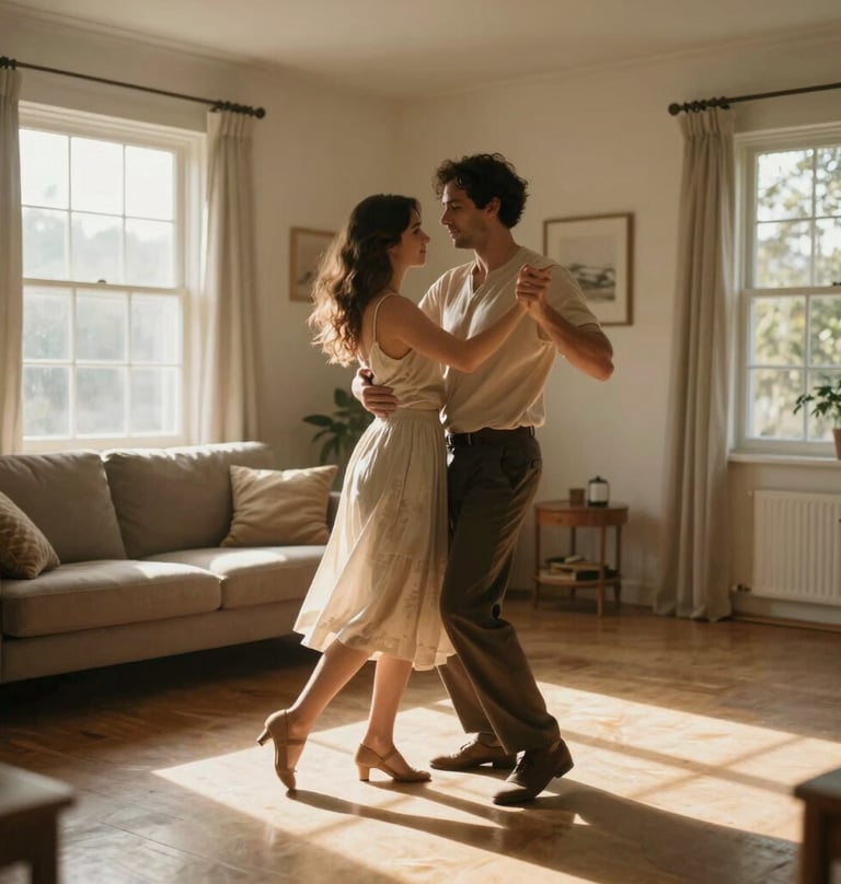 A couple dancing slowly in a sun-lit living room, warm soft sand light streaming through windows, cinematic shadows, authentic lifestyle storytelling.