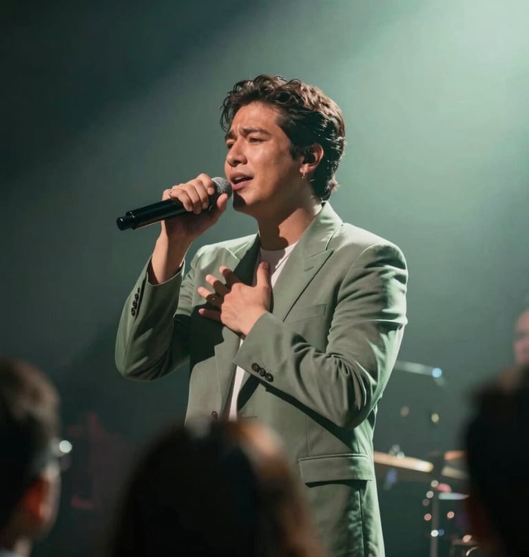 An inspiring image of Lyan Galindo performing live. He is bathed in a soft sage #91AA9D spotlight, expressing deep emotional connection with his audience. The composition is dynamic and elegant, reflecting his professional musical career.