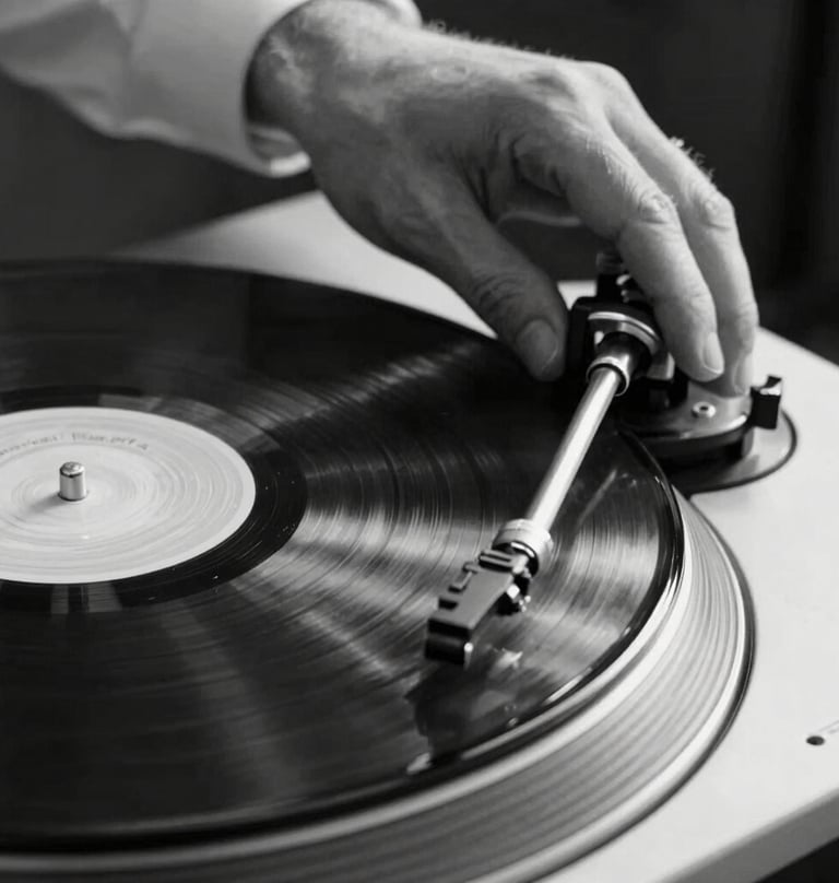 Macro photography of a professional's hands on a vinyl turntable in a Spanish / Latin American venue. Monochrome style with soft platinum highlights on obsidian surfaces. Motion blur on the record, elegant and experienced movement.