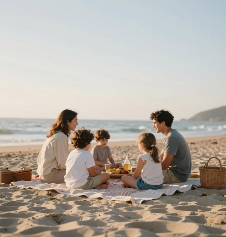 A lifestyle shot of a family picnic on a sandy beach during golden hour, charcoal blankets and terracotta accessories, soft cinematic glow, authentic storytelling.