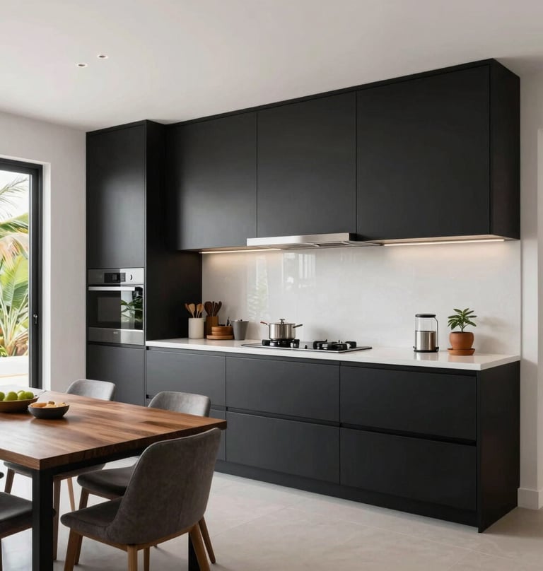A horizontal wide shot of a modern kitchen and dining area in a South American / Brazilian luxury home. High-end matte black cabinetry contrasts with pure white walls. Large windows show a hint of tropical greenery outside. The composition is balanced and extremely clean.