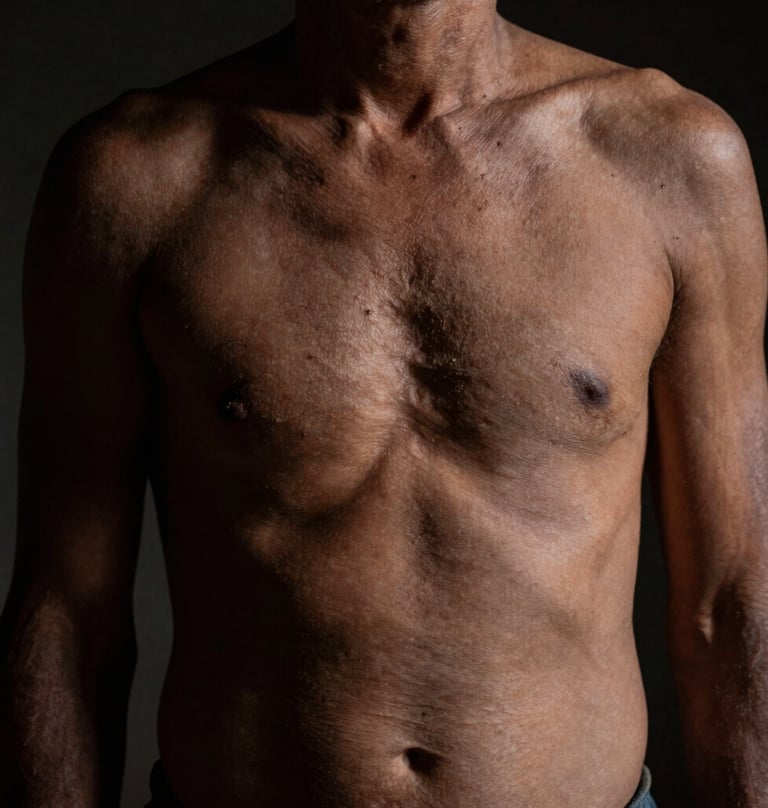 An artistic and intimate photograph of a human figure in a South American / Argentine setting. Low lighting creates a play of shadows in deep charcoal, treating the body as a territory of appearance where texture and light suggest something deeper and difficult to name.