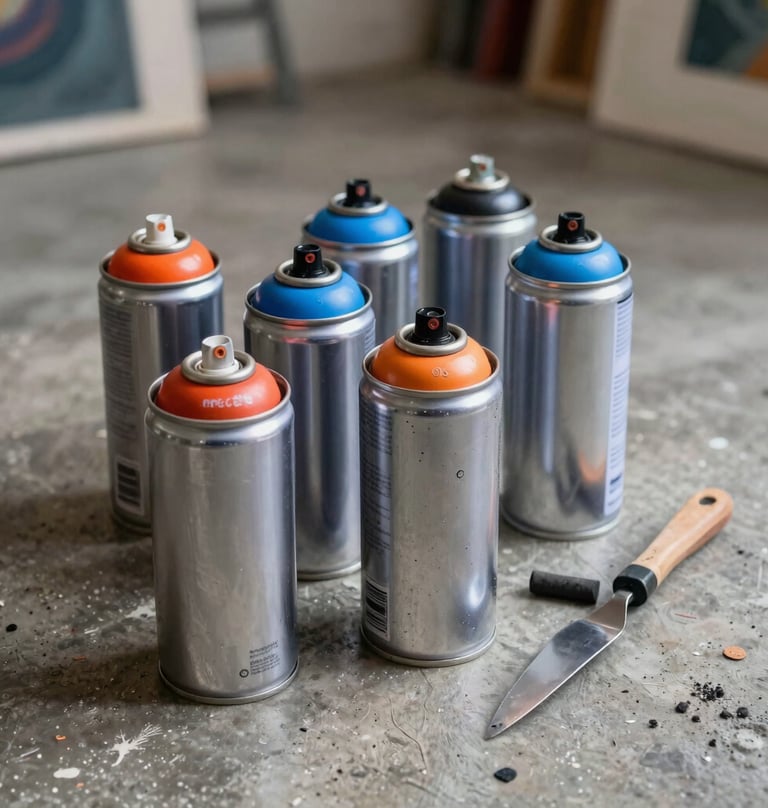 A still life of professional artist tools in an International / Urban Art Scene studio: several spray paint cans with safety orange and vibrant blue caps sitting on a poured concrete floor next to a used palette knife and charcoal sticks.