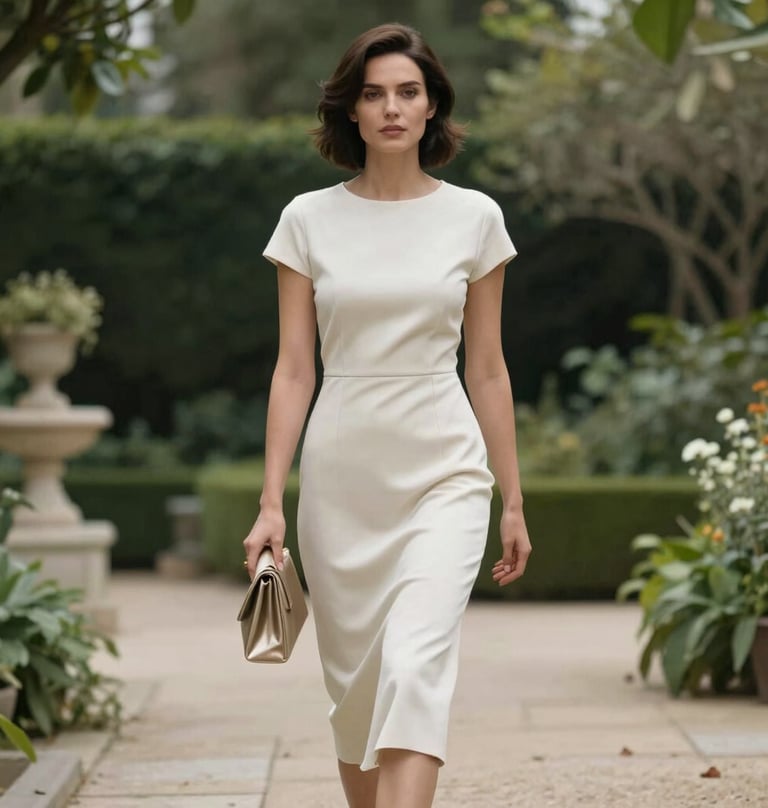 A sophisticated woman walking through a serene North American / Western European garden, wearing a minimal soft off-white dress and holding a muted gold clutch, soft cinematic lighting.