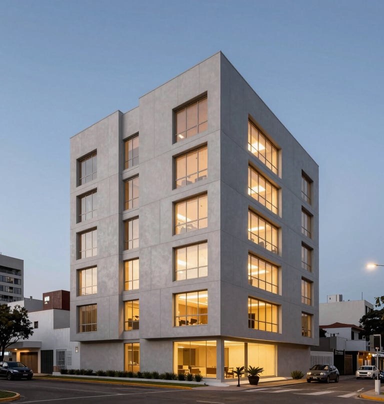 Wide shot of a completed architectural project at dusk in a South American city, showing a minimalist facade with light gray panels and large windows glowing with warm light against a baby blue twilight sky.