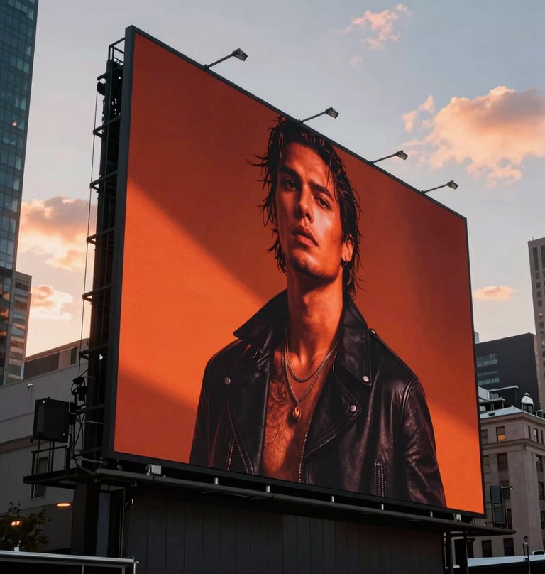 A large, high-impact billboard in a North American city center at sunset, displaying a powerful advertising campaign with reddish orange and charcoal elements that stand out against the urban sky.