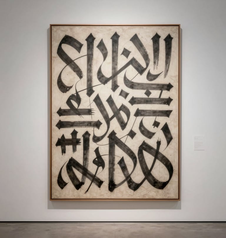 A high-resolution photograph of a curated art installation in a minimalist space. A large vertical painting with dark grey calligraphic forms dominates the white wall, illuminated by soft, directional gallery lights.