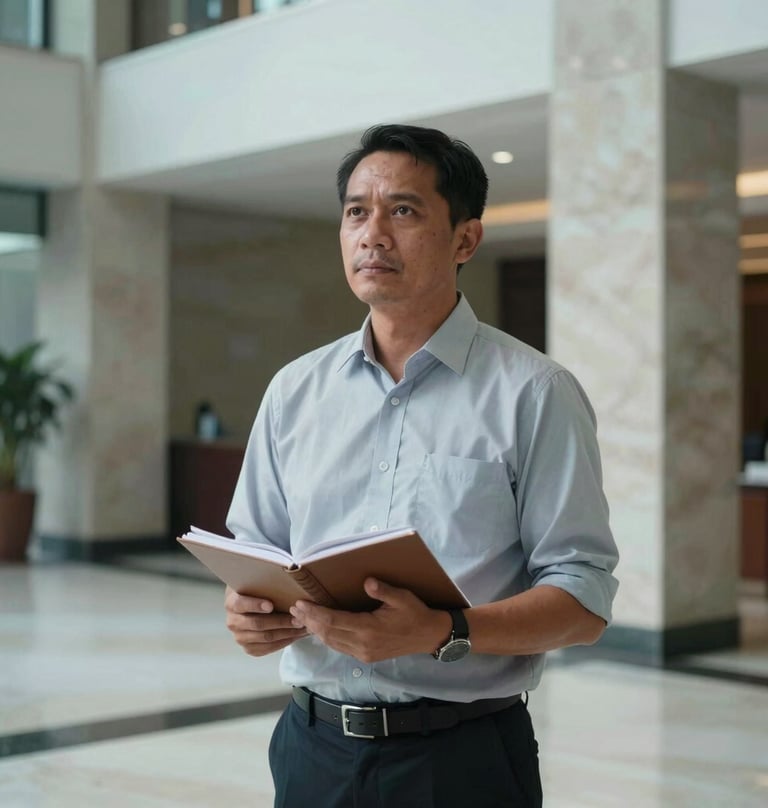 An Indonesian professional standing confidently in a bright, modern foyer, holding a notebook. The atmosphere is quiet and competent, with a background of polished stone and soft blue-grey highlights.