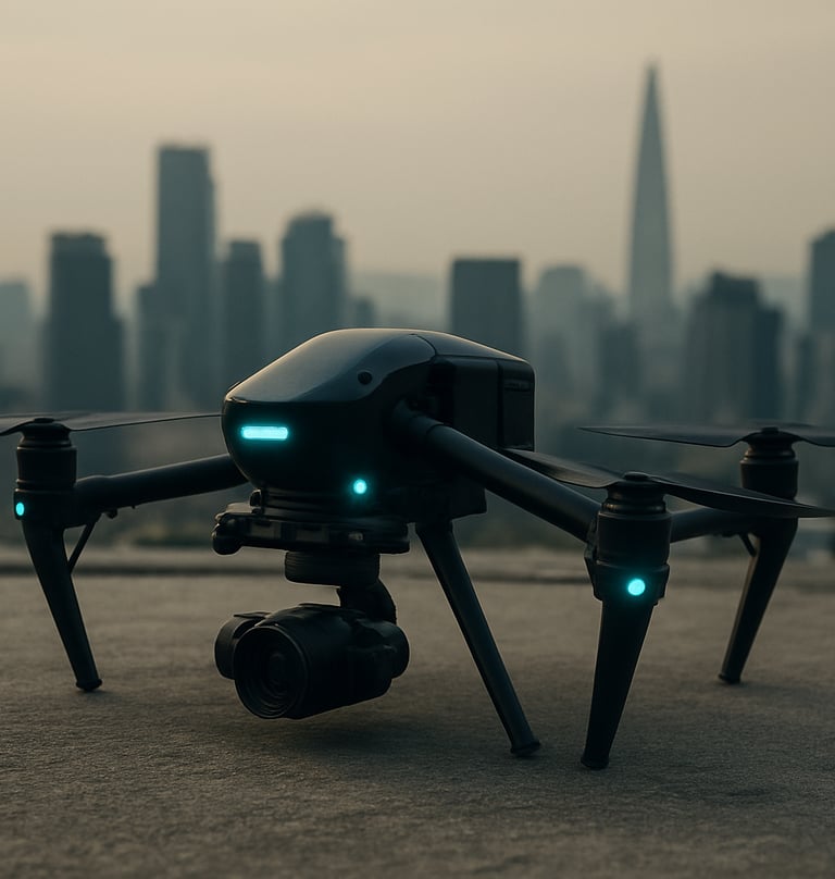 Detail shot of a specialized photography drone sitting on a concrete rooftop, glowing cyan status lights, matte black finish, Seoul skyscraper silhouettes in the background, East Asian / Korean urban.