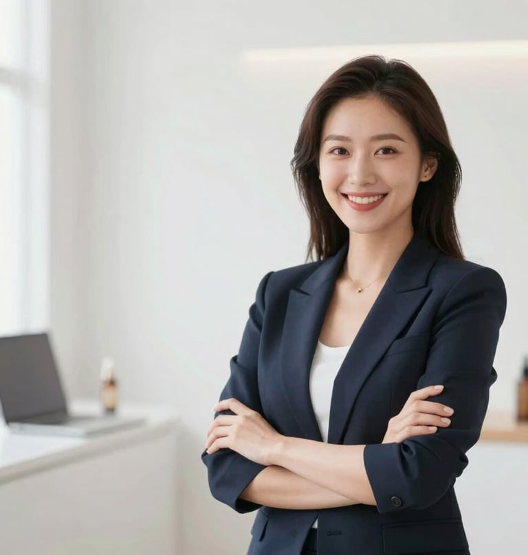 A lifestyle branding shot of a beauty professional in a bright, modern studio. She is smiling confidently, wearing elegant attire. The lighting is airy and high-key, using #FDFBF7 as the primary light source.