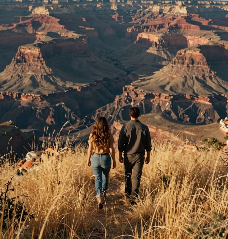 A cinematic shot of a couple walking away through tall, sun-baked grass at the edge of a canyon. The North American / US landscape is bathed in a warm, inviting glow with deep charcoal and terracotta earthy tones.
