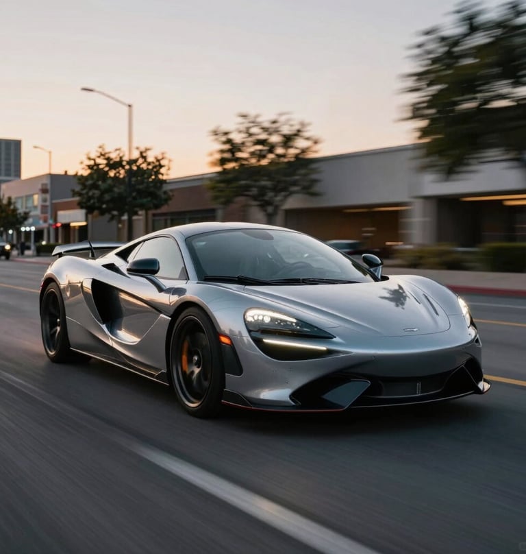 Action photography of a luxury sports car with a silver metallic finish driving through a North American / US city at twilight, soft motion blur, edgy professional atmosphere.