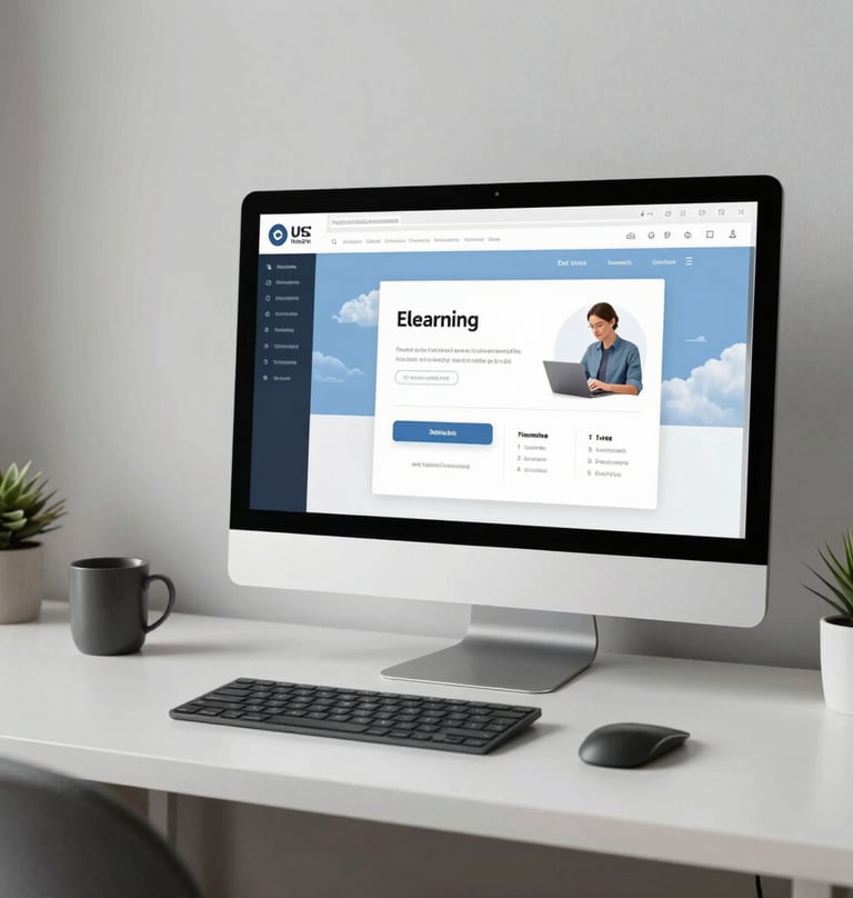 A clean, minimalist North American / US home office with a focus on an organized workspace, featuring a large monitor showing a finished eLearning interface, Steel Blue and Pale Cloud White color scheme.