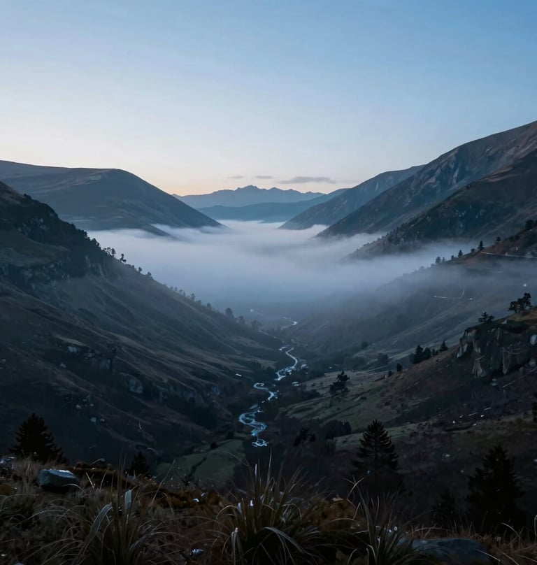 A professional landscape photograph of a misty valley at dawn. Shades of soft blue and dark charcoal dominate the frame, creating a serene and sophisticated visual experience.