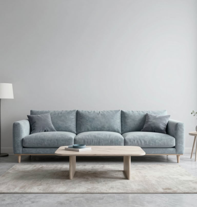 A wide-angle 3D visualization of a minimalist living room with custom-designed furniture. Soft Gray Blue and Pale Mist palette, clean lines, Northern European / Baltic aesthetic, sophisticated lighting.