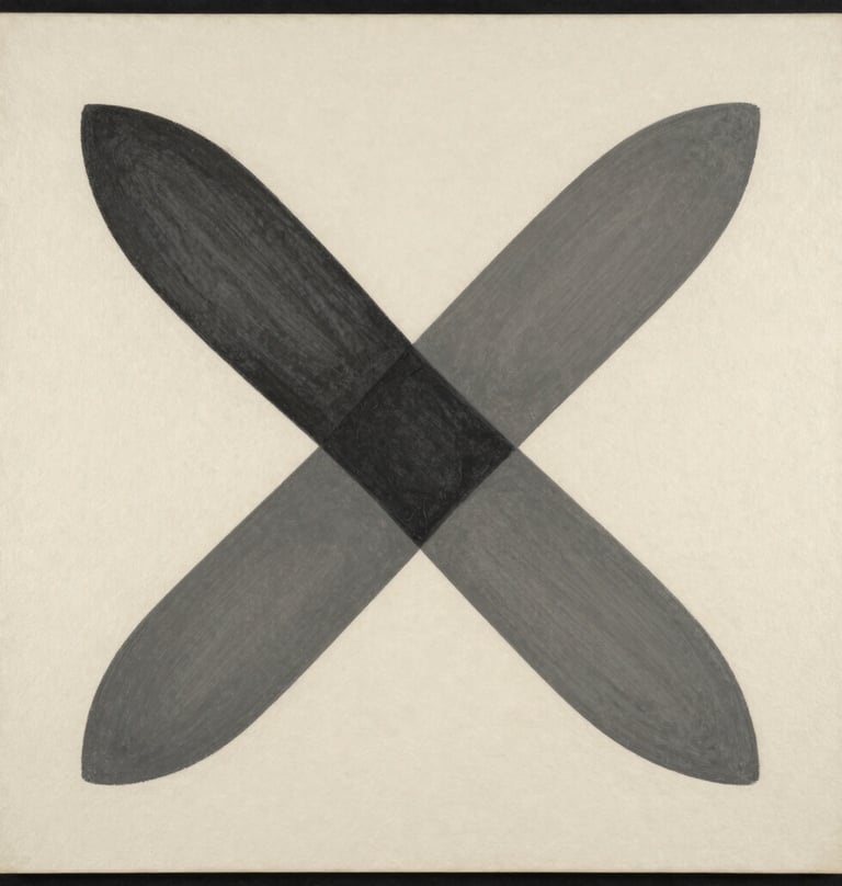 A vertical minimalist painting featuring two intersecting organic shapes in charcoal and warm grey. Clean, sharp lines against a cream textured paper. Studio photography with neutral lighting and a contemporary feel.