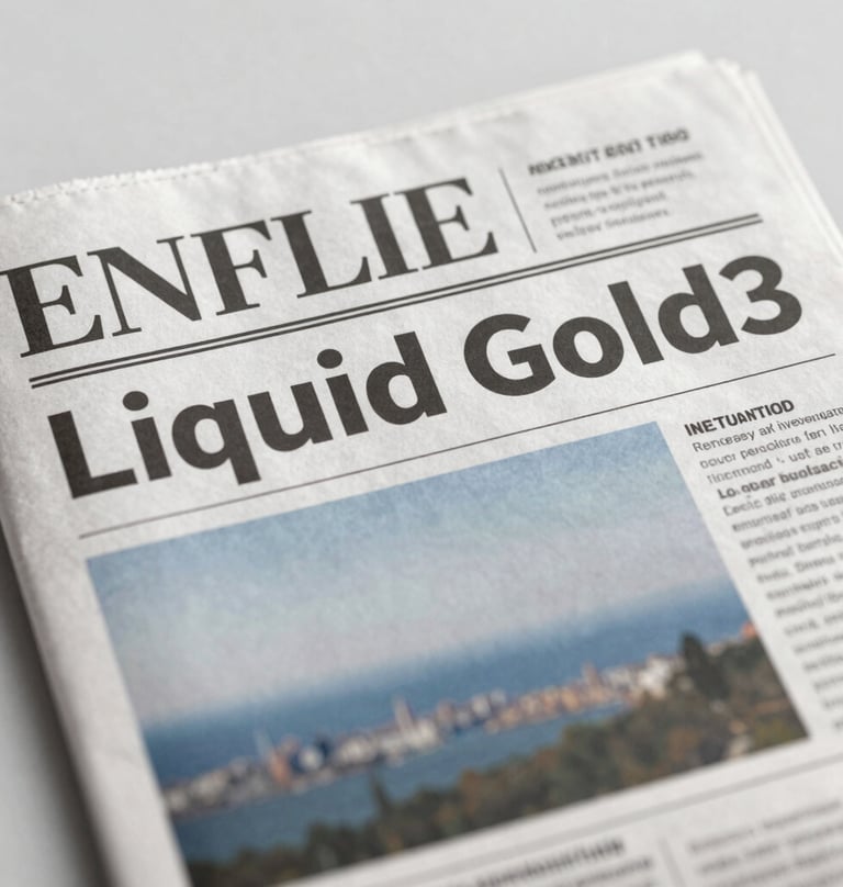 A clean, modern newspaper front page displayed on a light surface. The lead headline features the 'Liquid Gold' investigation in a bold Montserrat font. The design is minimalist, using #F5F5F5 and #607D8B tones to highlight clear communication and professional publication.
