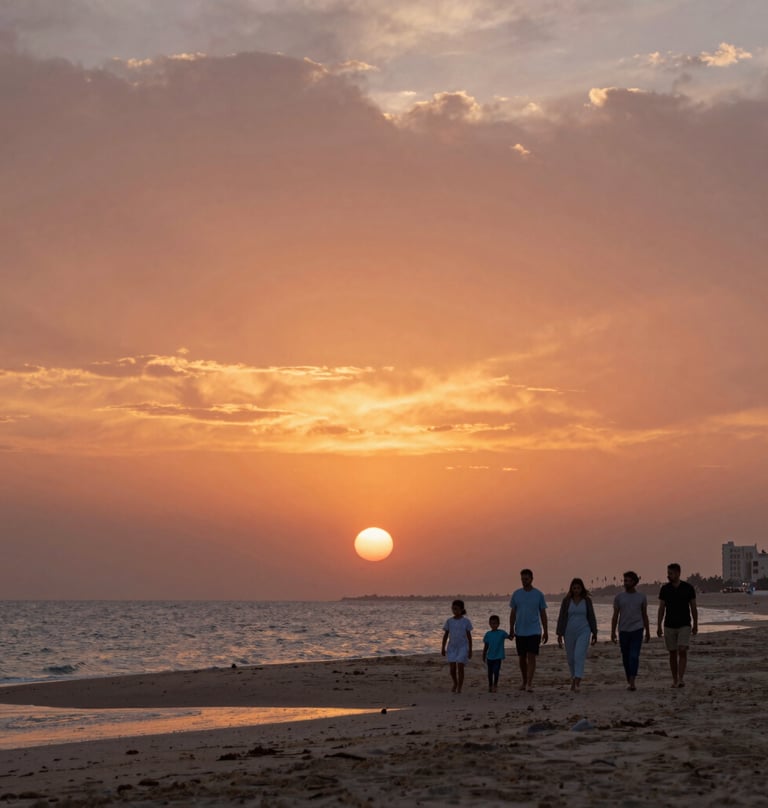 A wide cinematic shot of a family walking along a beach at sunset in a Middle Eastern / Gulf coastal city. The sky is filled with burnt terracotta and soft gold. Authentic and peaceful lifestyle storytelling style.