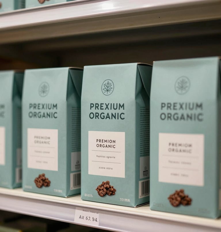 A minimalist retail shelf in a North American / US boutique boutique grocery store displaying several identical boxes of premium organic snacks with modern branding in muted teal and mist.