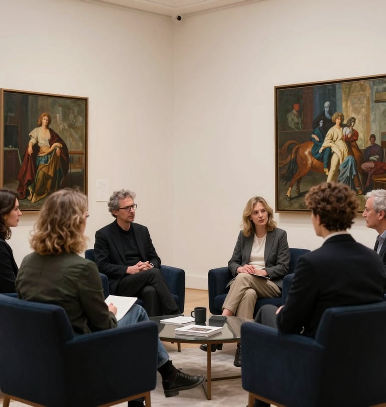 An inviting scene of a group of enthusiasts discussing art in a European / French cultural hub. Modern architecture, ivory walls, and sophisticated dark navy furniture create a timeless atmosphere.