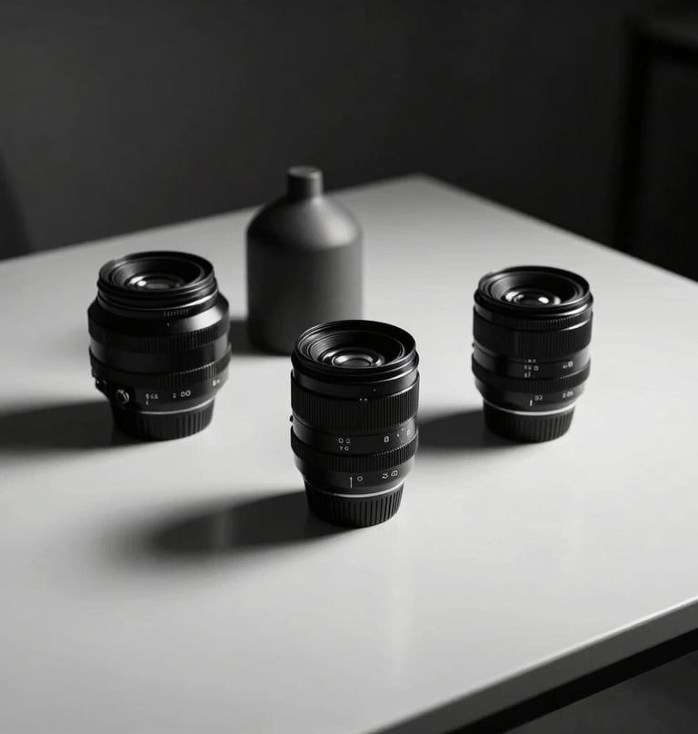 Still life photography of curated art objects on a minimalist table, cinematic lighting with strong directional shadows, black and white, sophisticated and premium aesthetic.