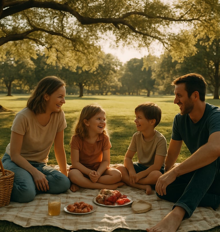 A cinematic wide shot of a family picnic in a sun-drenched North American park, authentic human interaction, warm and inviting storytelling mood.