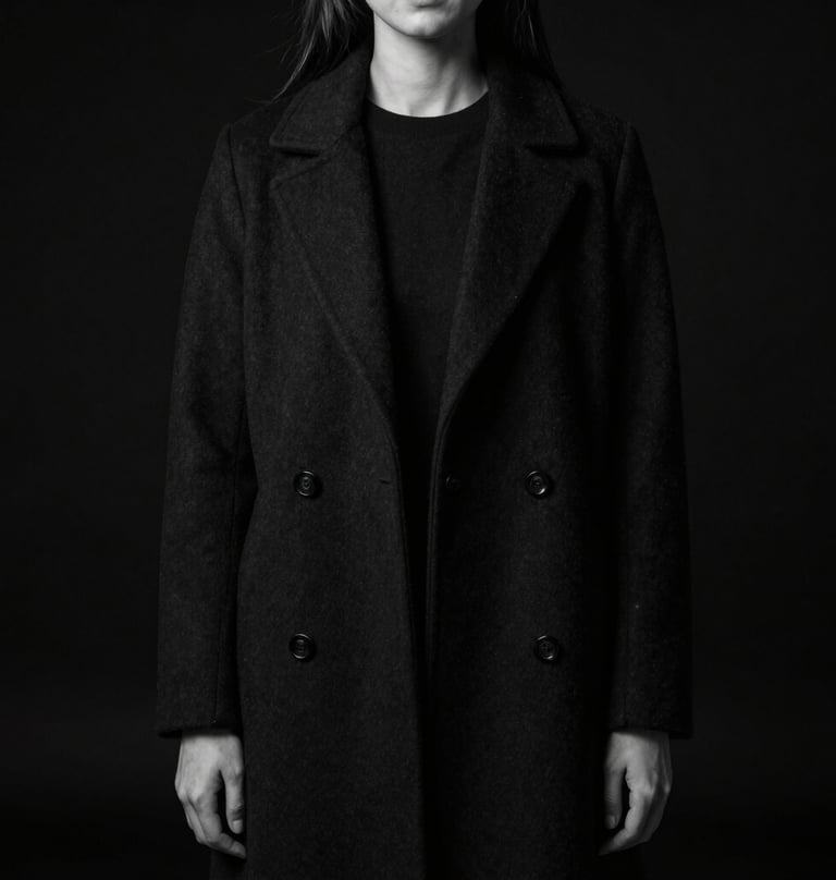 An artistic black and white portrait of a person wearing a structured black overcoat, standing against a deep black background, dramatic side lighting, editorial style, North American / European.