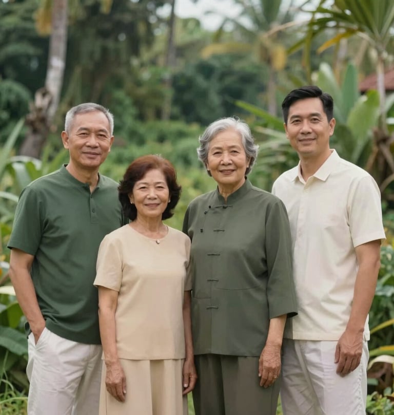 Generational family portrait in a beautiful Bali nature reserve. Serene and heartfelt elegance, modern minimalist composition. Timeless memory. Colors seamlessly blend dark green (#2A362B), muted green (#5F705B), warm beige (#C7B7A3), and off-white (#F7F3EE).